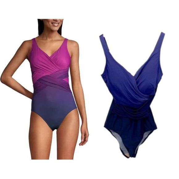 Lands End Slendersuit Swimsuit Size 6 One Piece Blue Ombre - Picture 1 of 12